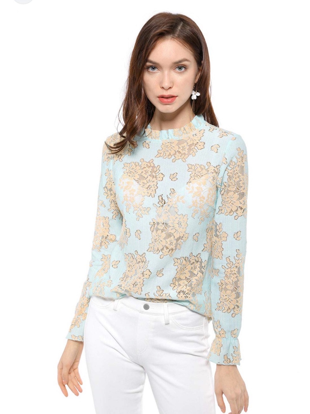 Allegra K Light Blue Lace-Print Long Sleeve Top